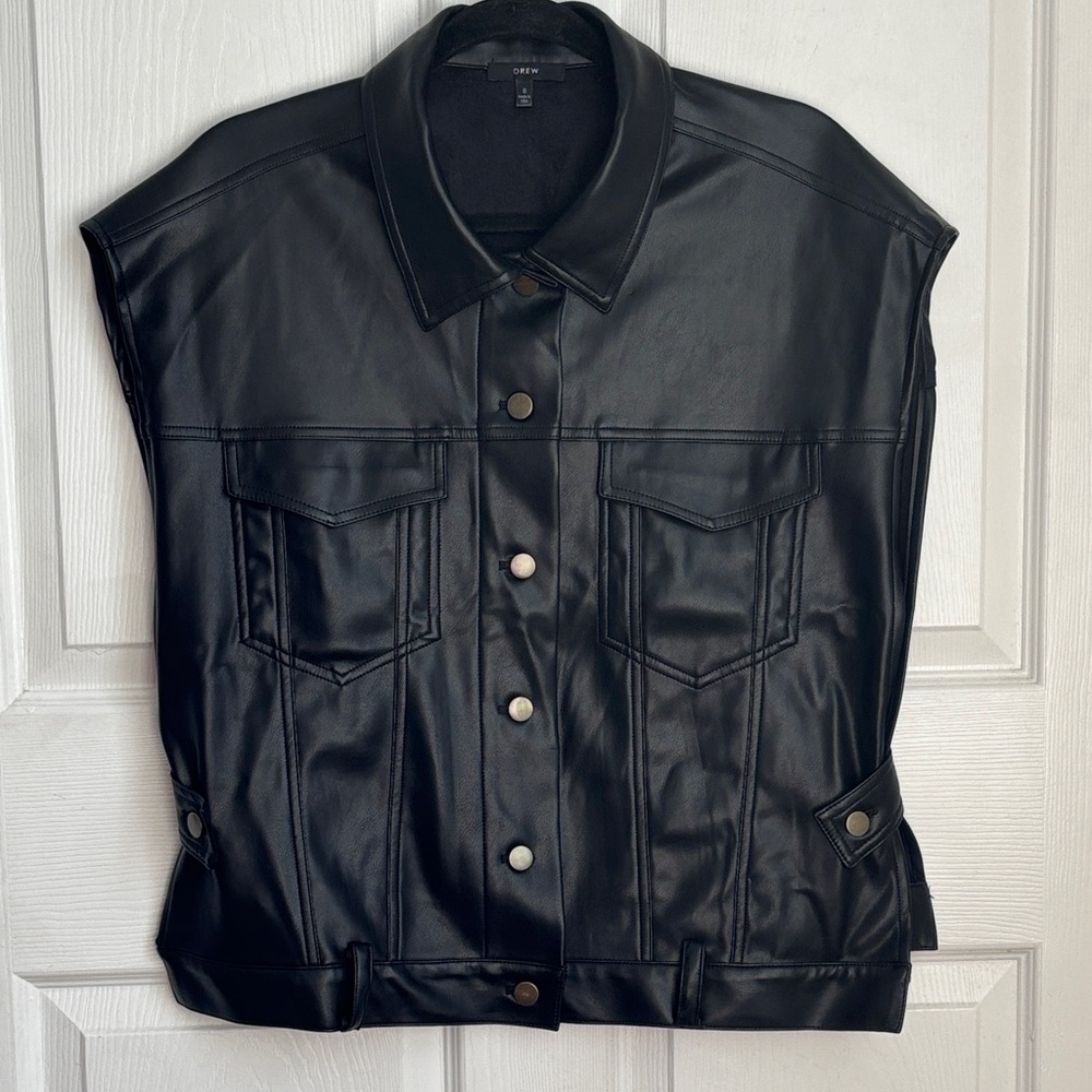 DREW Black Faux Leather Jacket Size Small Open sides vest poncho moto style